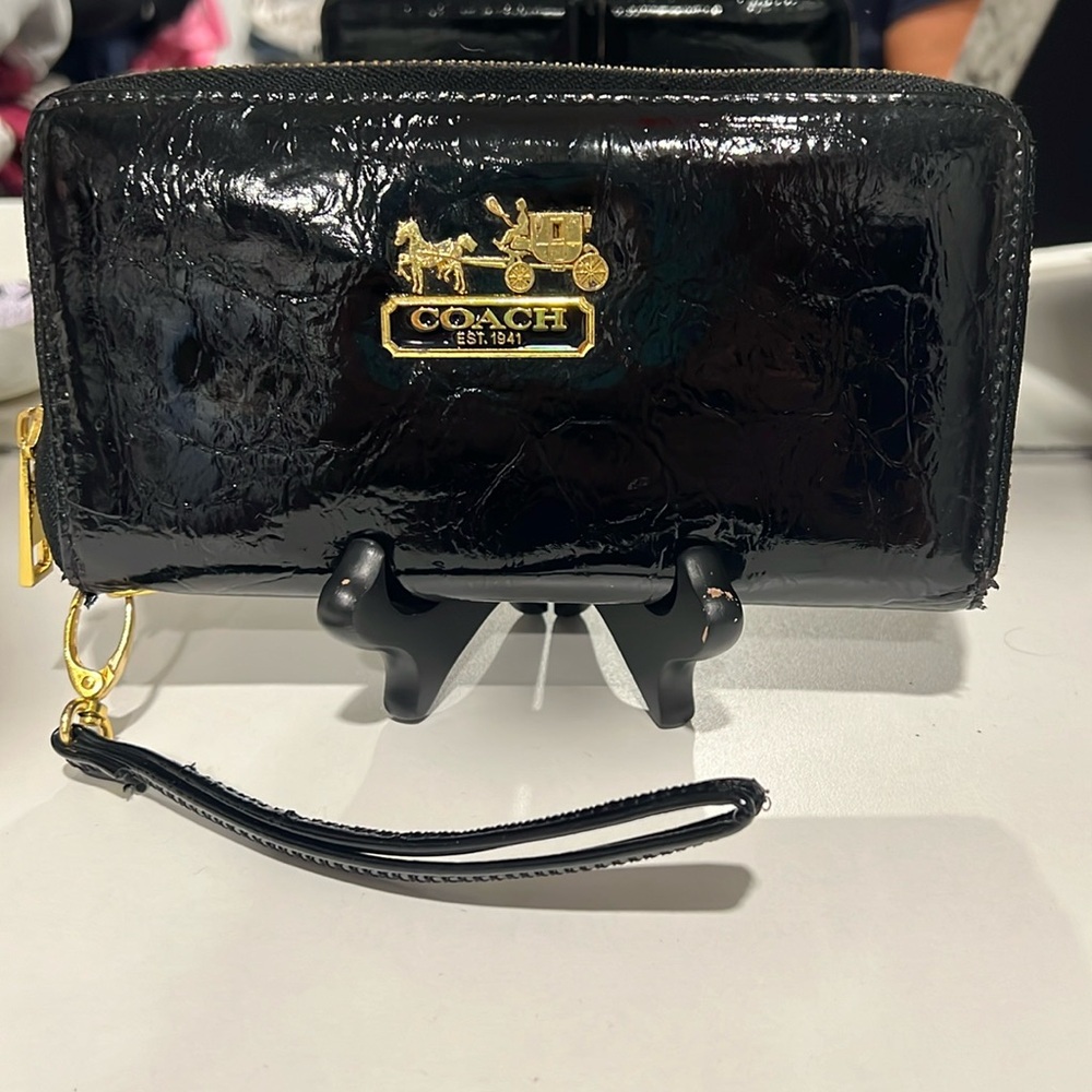 Coach pattern leather zip around wallet with removable wristlet strap